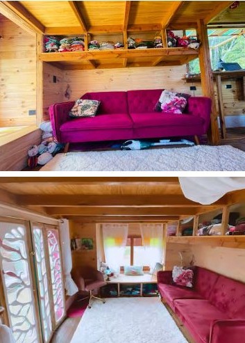 timber cabin interior with lounge and furnishings