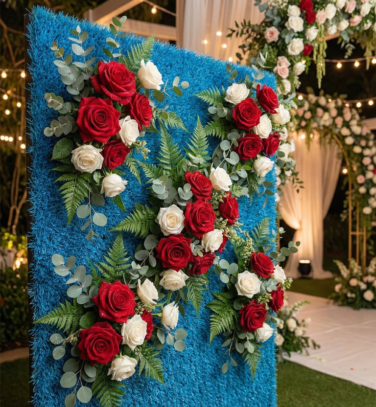 blue artificial rental turf as a backdrop for wedding flowers boca raton