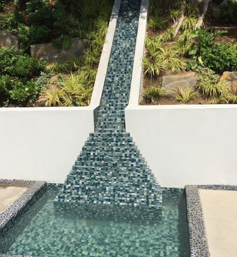 tiled pyramid water feature going up a mountain like a Myan temple