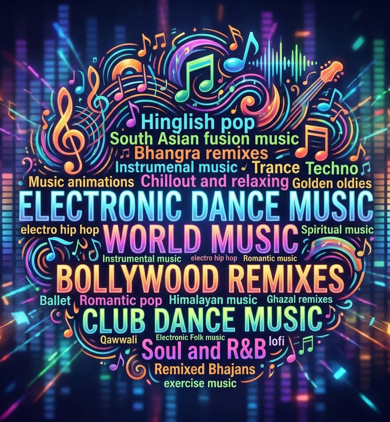 Vibrant music word cloud featuring EDM, Bollywood remixes, and world music genres with colorful notes.
