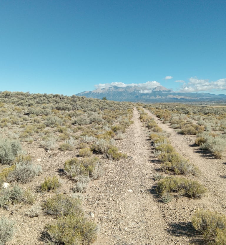 a dirt road with a dirt road and mountains in the background