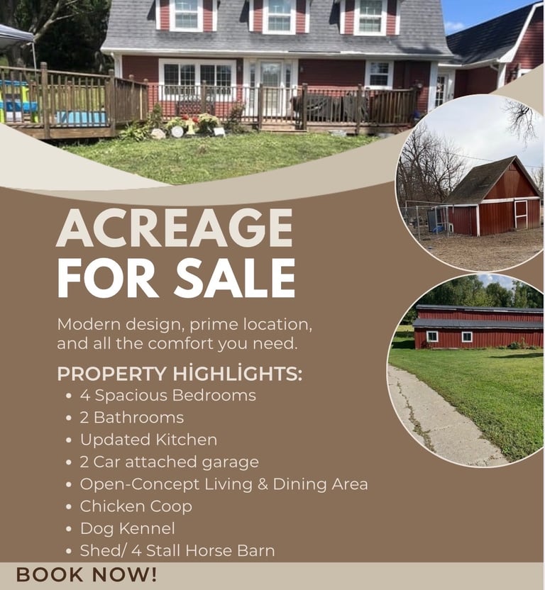 Red real estate acreage for sale in Baxter, Iowa with 4-stall horse barn and chicken coop.