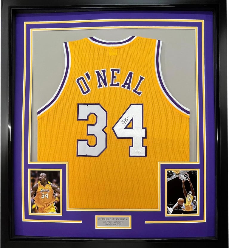 Framed Autographed/Signed Shaquille Shaq O'Neal 33x42 Los Angeles LA Yellow Basketball Jersey Becket