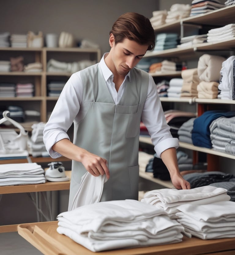 A professional staff member carefully inspecting a delicate fabric before dry cleaning.
