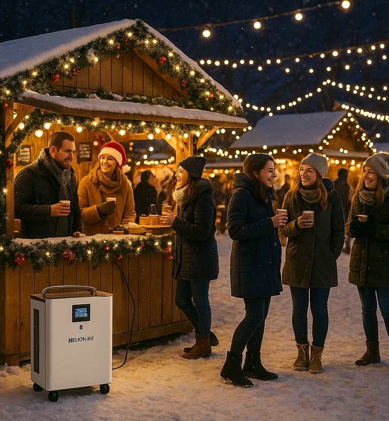 portable power station providing energy for Christmas market stalls, lighting without generators