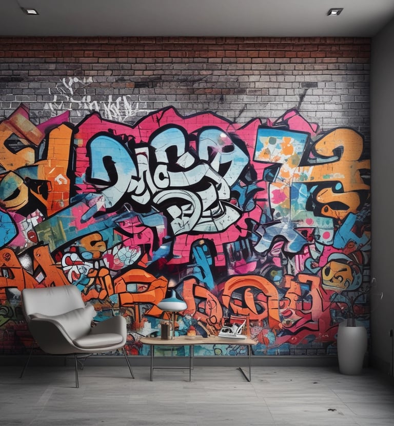 A vibrant mural on the side of a building with geometric patterns and shapes in various bright colors, featuring the text 'CREATIVITY IS IN ALL OF US'. The mural is located at the London Graphic Centre. The background includes a yellow brick wall and other urban elements such as doors and a lamp.