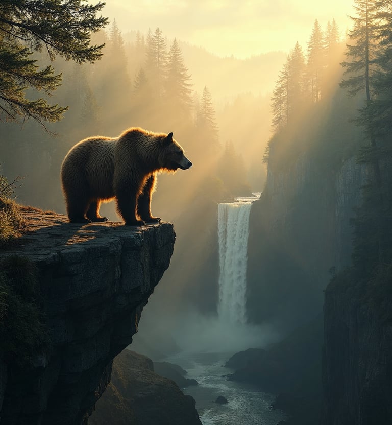 a bear standing on a cliff overlooking a waterfall