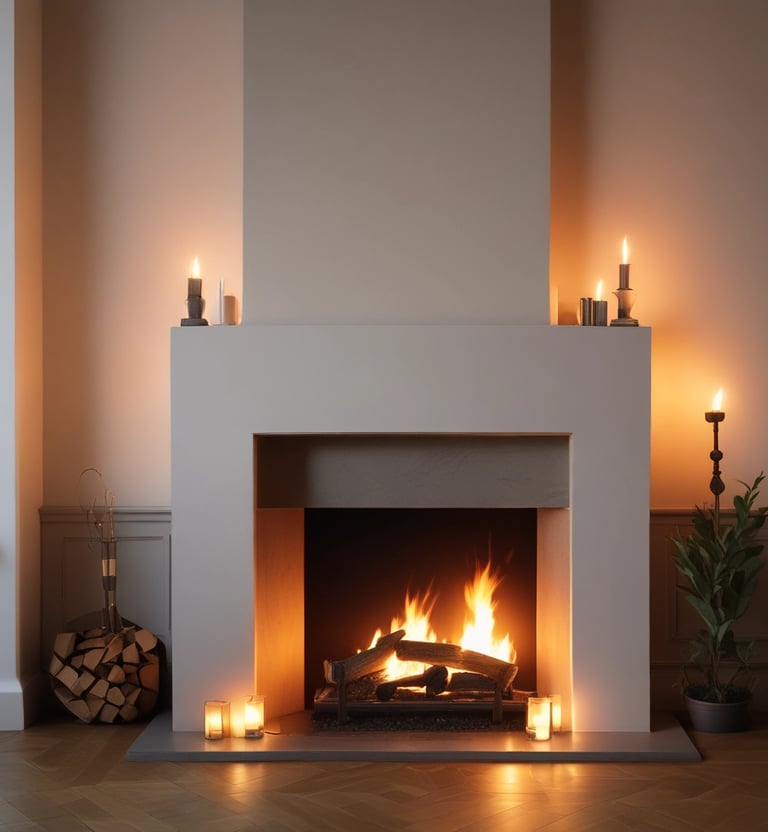 Cheminée moderne avec un feu vif et chaleureux, entourée d'un cadre minimaliste.