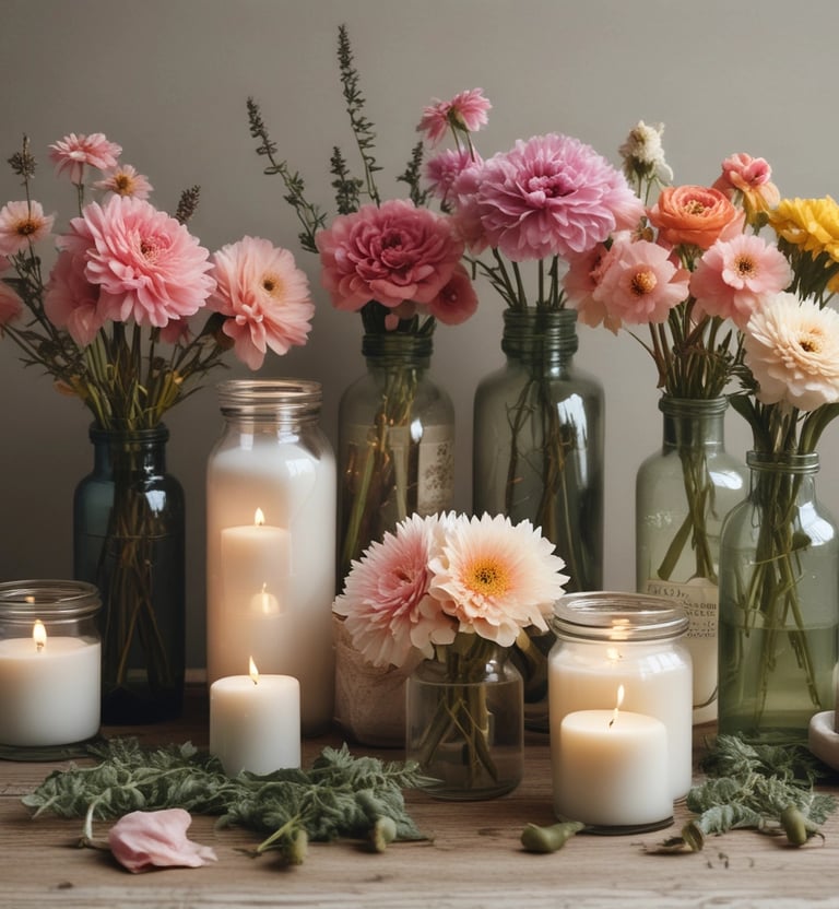 An elegant arrangement of scented candles in glass jars.