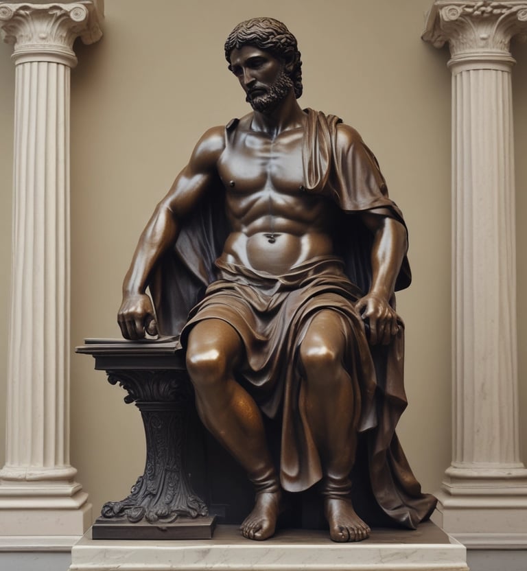 A white marble bust of a classical figure is placed next to a white cup with the word 'Italy' and a moka pot in the colors of the Italian flag. Coffee beans are scattered on a dark marble surface around these objects.