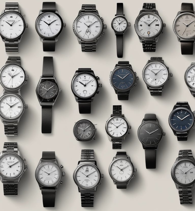 A collection of handcrafted watches with various styles on a wooden table.
