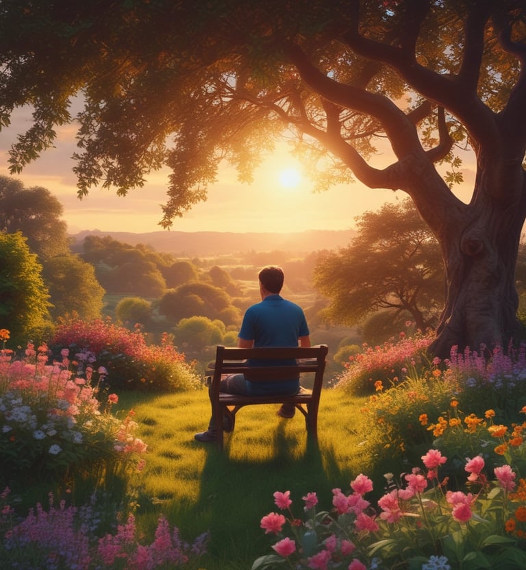 A serene garden scene featuring a variety of colorful flowers.