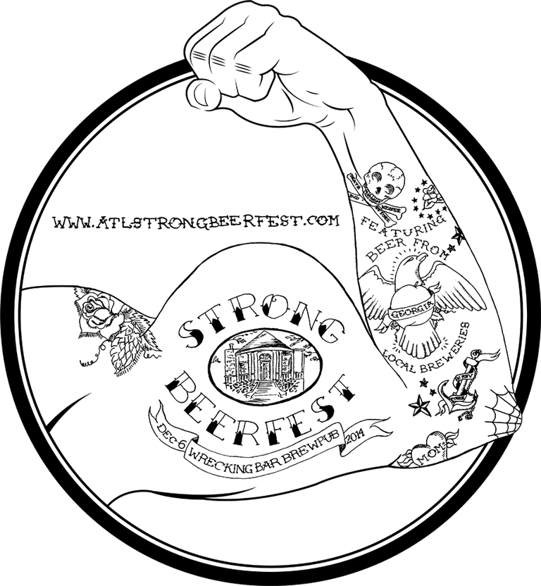 Line art logo for Strong Beer Fest featuring a tattooed muscular arm and Wrecking Bar Brewpub event details.