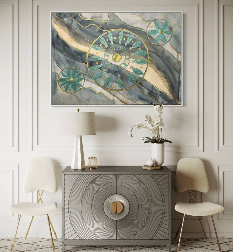 original painting blue waves floral circles