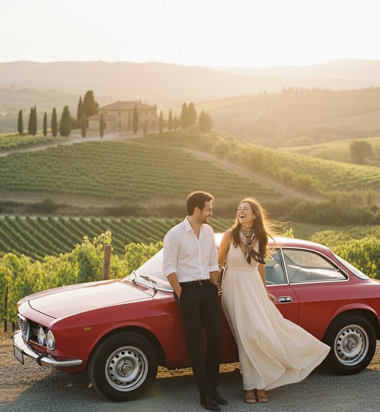 A couple leaning against a 1974 Alfa Romeo laughing