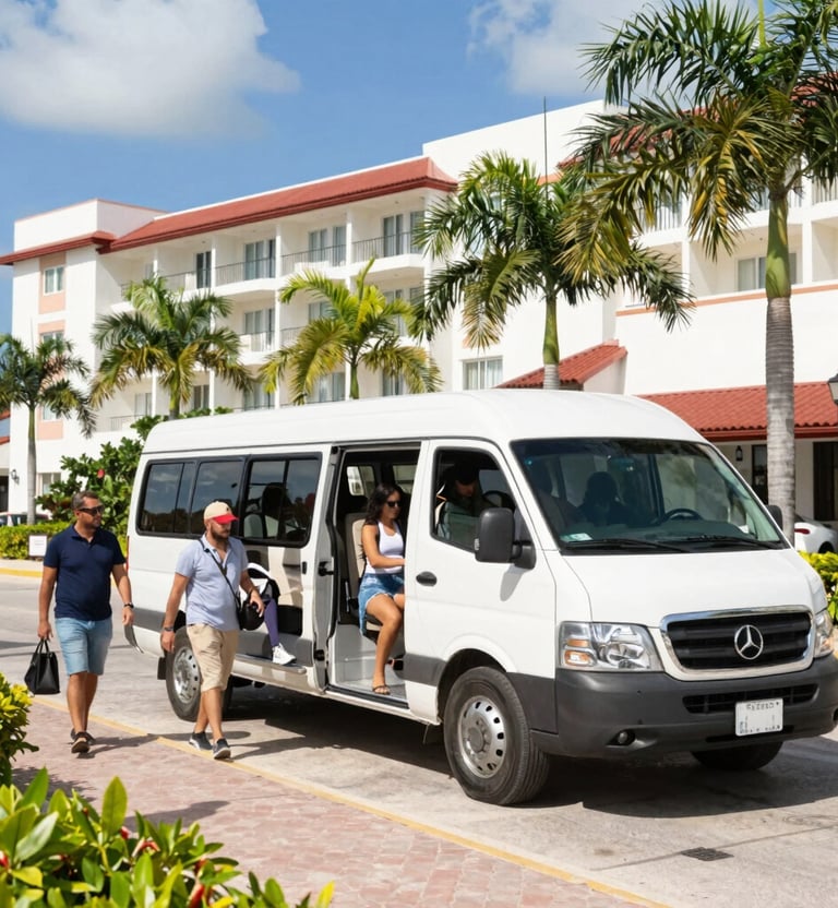 Tourists boarding a comfortable white minibus with ocean views in the background
