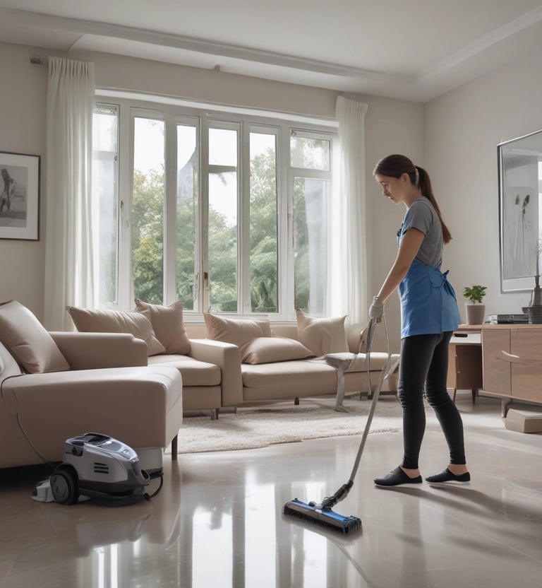 Image of a focused cleaner holding cleaning supplies indoors