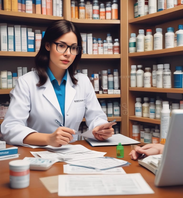 A street view of a pharmacy with a large sign reading 'Farmacia' above the entrance. The shop front is decorated with various posters and advertisements. A man carrying an orange bag is entering the shop. The facade of the building is brown and white with visible electrical wires and a sporadic display of greenery.