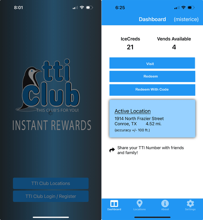 TTI Club app interface for tracking ice rewards