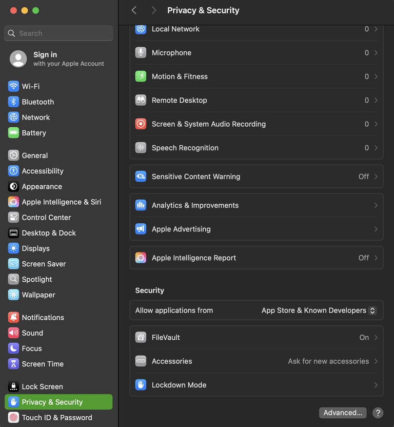macos showing filevault option