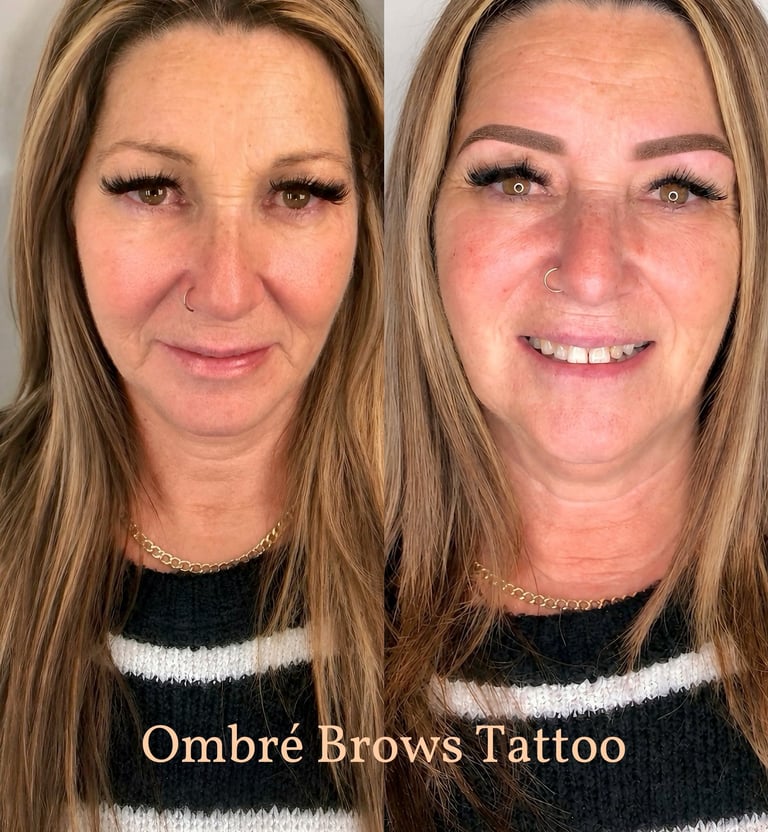 Before and after comparison of a woman's ombre powder brows cosmetic tattoo treatment.