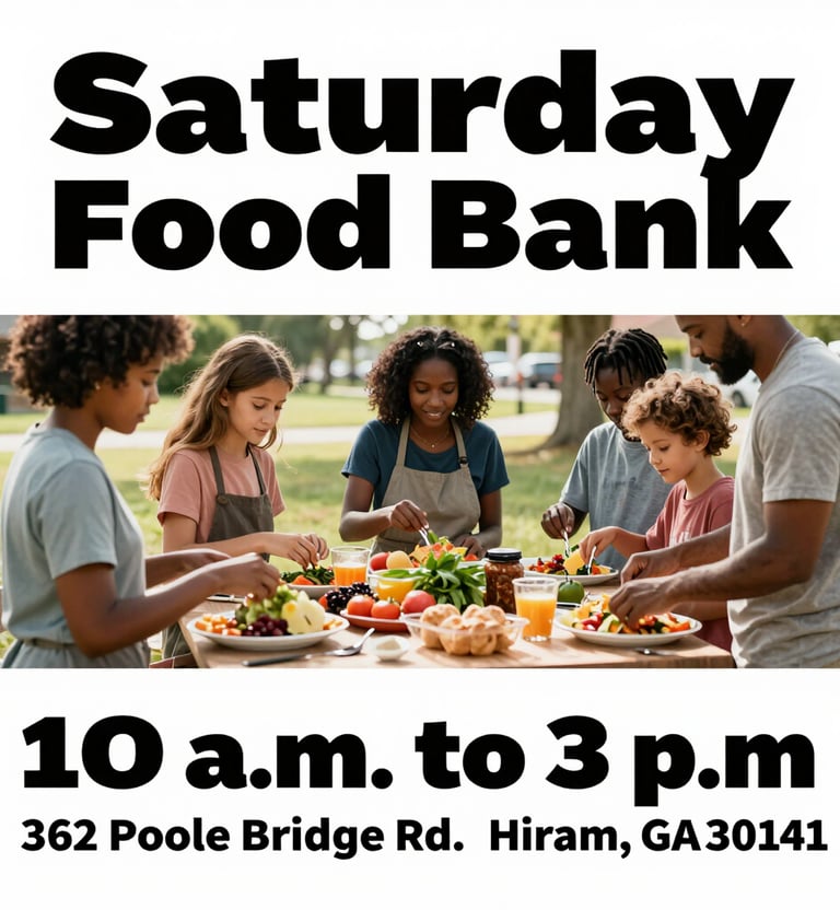 Diverse group sharing a meal outdoors for Saturday Food Bank in Hiram, Georgia.