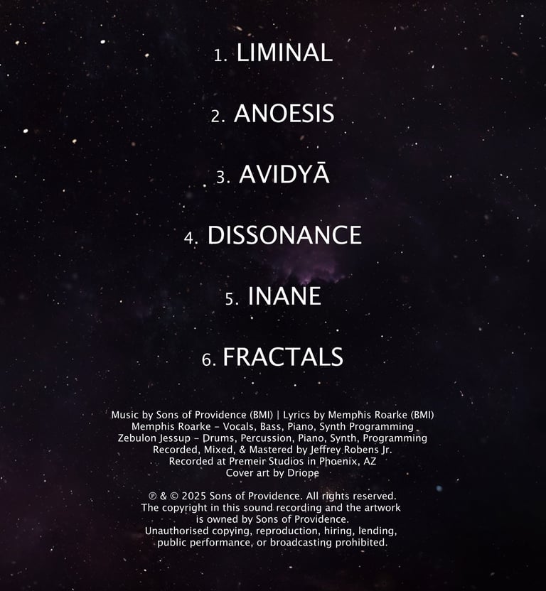 Back cover and track listing for the music album The Infinity Machine Part 1 by Sons of Providence 