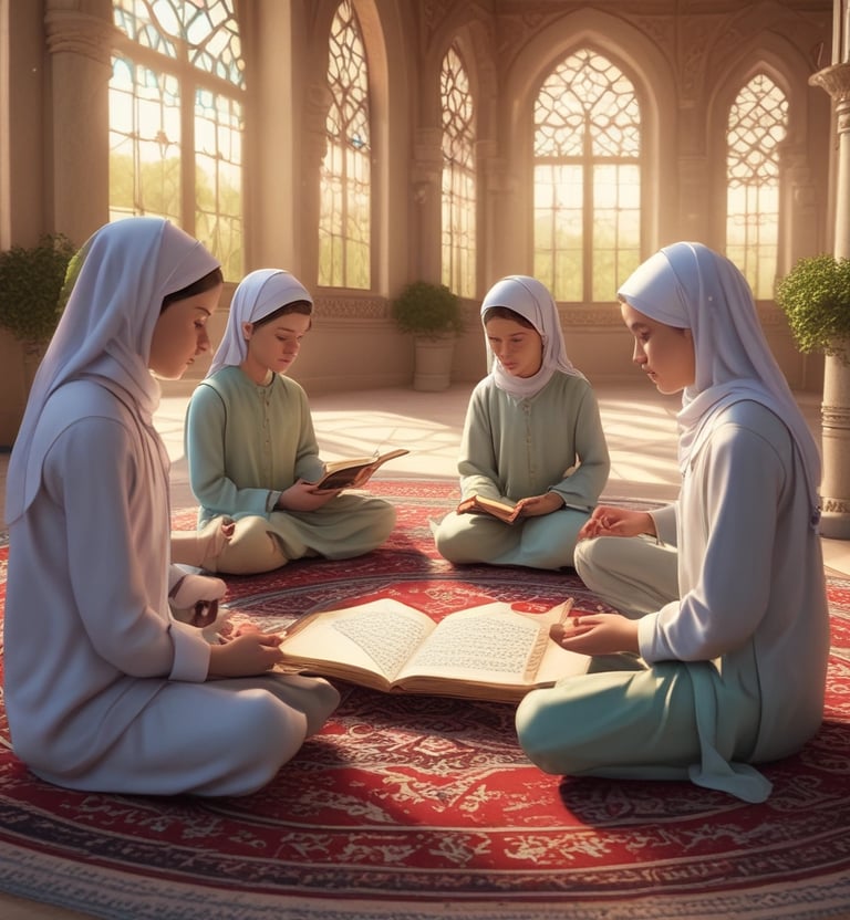 Children participating in a virtual Quran lesson, smiling and learning.
