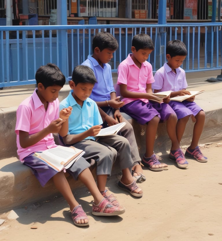 Three children sit on a bench, engaged in different activities. The child on the left, wearing a purple shirt, is reading a book. The child in the center, wearing a pink shirt, is holding papers and looking at the child on the right, who wears a light blue jacket and appears to be tying a string. Behind them, there are colorful posters with text and images. A large water container and a small orange can are on the ground nearby.