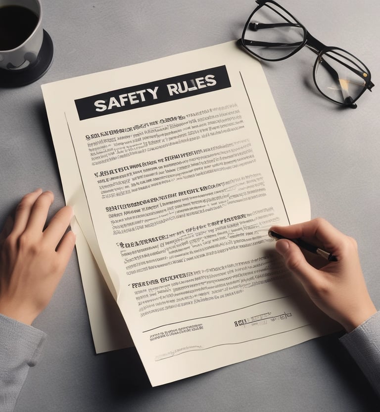 A prominently displayed safety instruction sign at a secure area entry point. It lists various rules including: port safety induction required, flashing beacon and headlights on, children not permitted, speed limit of 20km/h, no public entry, extreme caution with heavy machinery, no handheld devices, drug and alcohol-free site, specific clothing and footwear requirements, and no bicycles. Additionally, it warns of hazardous substances present, such as oxidizing and flammable agents, toxic and corrosive materials, with emergency contact information provided.