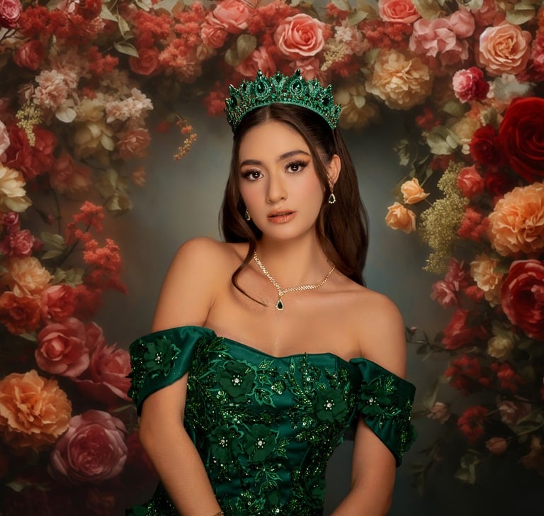 Foto de estudio para quince años con fondo minimalista y edición profesional.