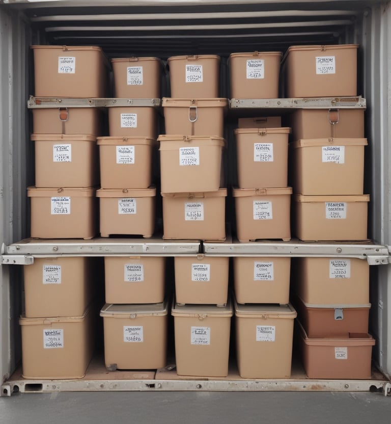A variety of colorful containers stacked in a storage facility.