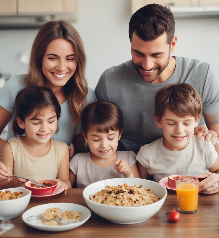 A happy family enjoying a breakfast with Avena Maribel.
