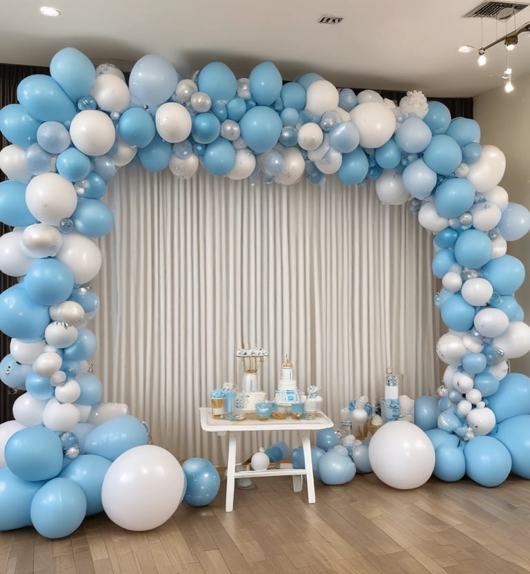 An elegantly decorated area featuring a balloon arch made up of pastel pink, green, and purple balloons adorned with small white butterflies. The backdrop curtain is pale pink with a row of artificial flowers intermixed with the balloons. On the left is a table with cake pops and cupcakes, adding to the festive atmosphere. The scene conveys a sense of preparation for a party or celebration in a cozy, indoor setting.