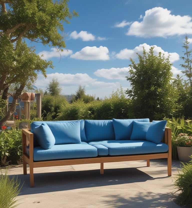 Stone tables and stools are arranged in an outdoor setting, surrounded by trees. The setting is shaded, with sunlight filtering through the leaves creating patterns on the ground. The furniture has a rustic and traditional design, likely made of granite or a similar material.