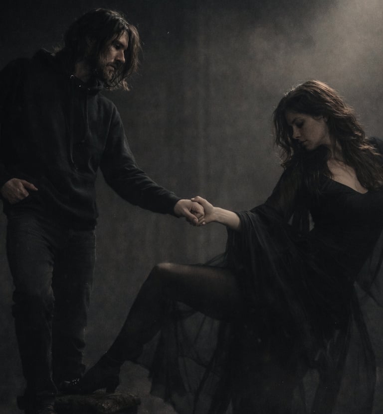 PreSexHeadache cinematic artwork showing Trash Swallow holding Vera Solina’s hand