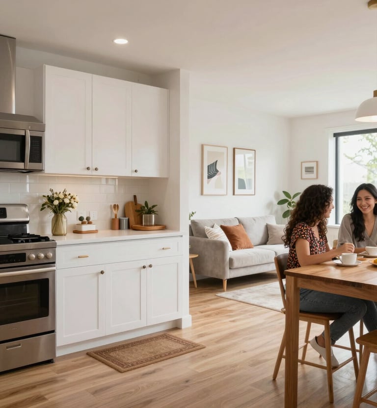 Shared kitchen area with modern appliances and communal dining table