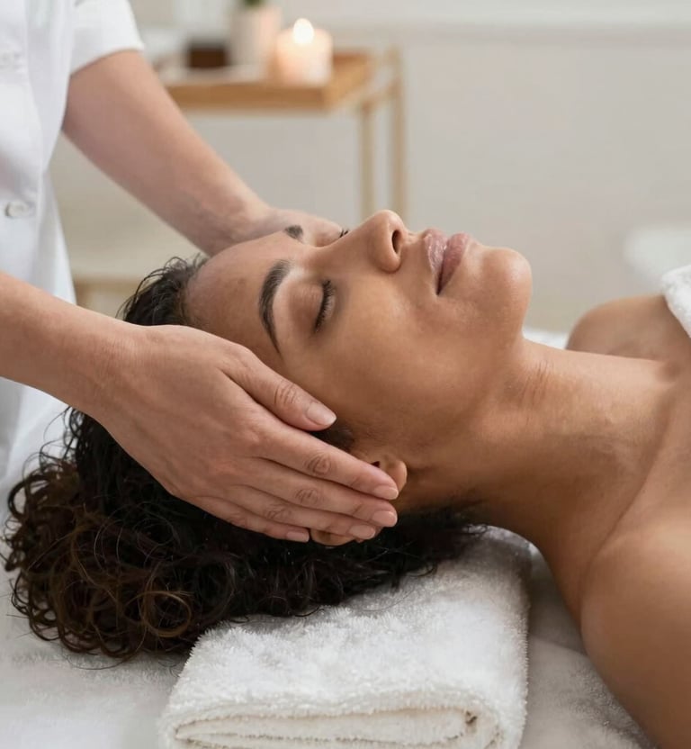 A vibrant scene showing an African lady receiving micro-needling therapy in a calm, neutral-toned room
