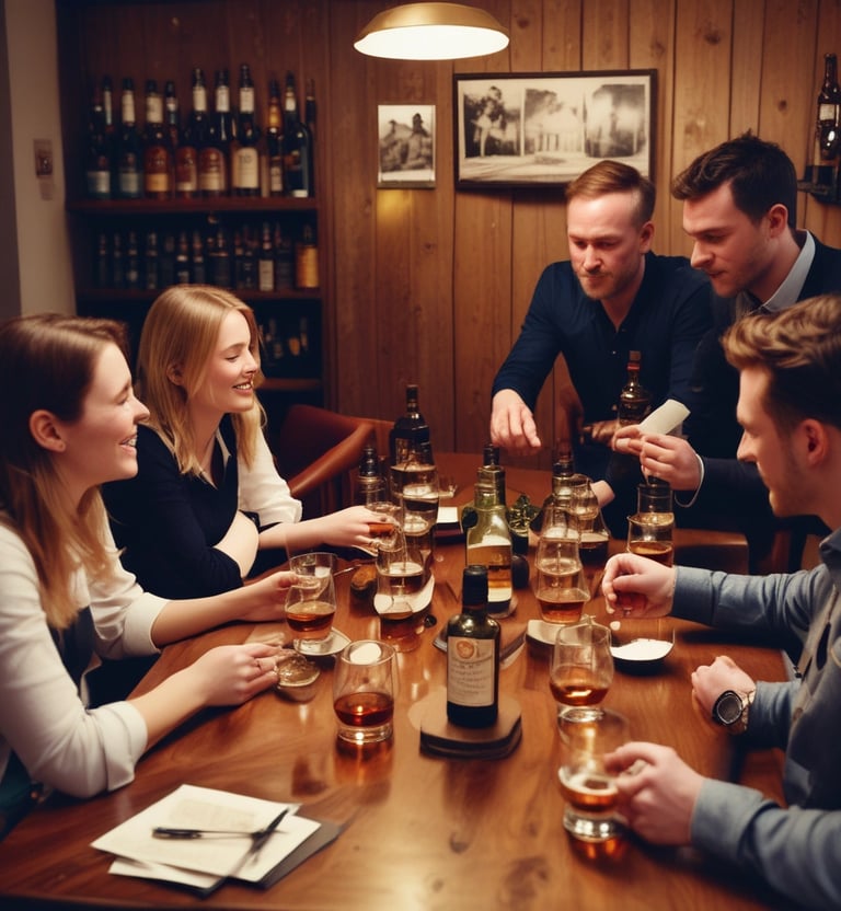 A group of friends enjoying a whiskey tasting experience at a rustic wooden bar with premium bottles.