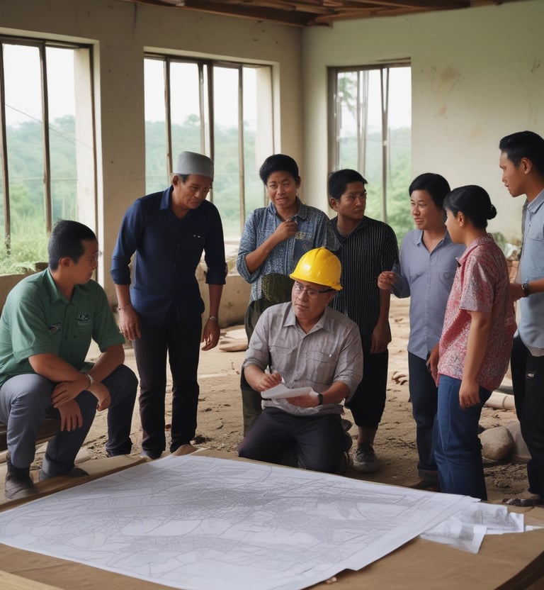 Professional consultants discussing land maps and documents in office