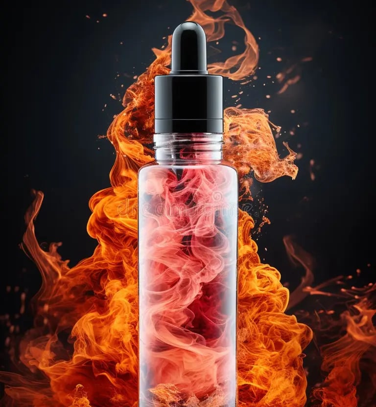 A glass vape juice bottle with a dropper cap surrounded by cinematic orange fire and red smoke effects.