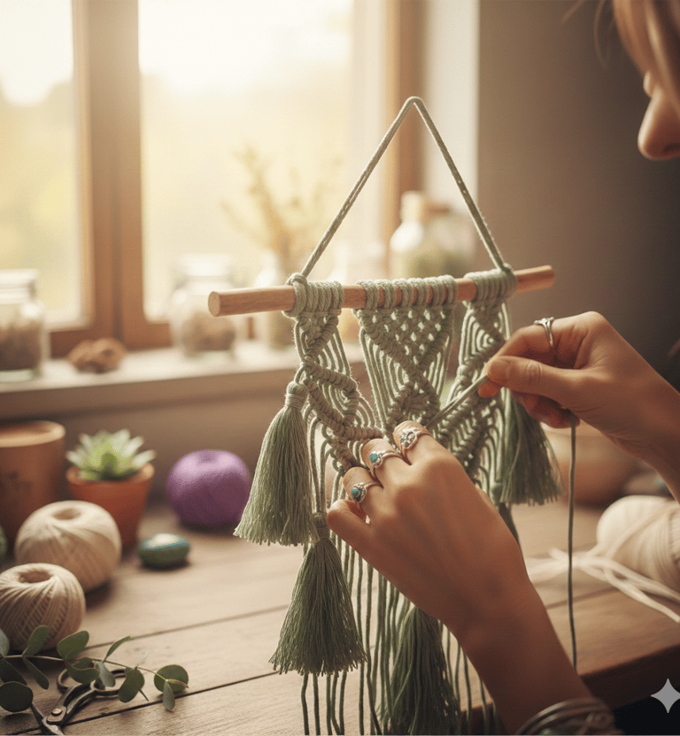 Tapiz de macramé verde hecho a mano, tejido por un artista en una mesa de madera bajo la luz del sol