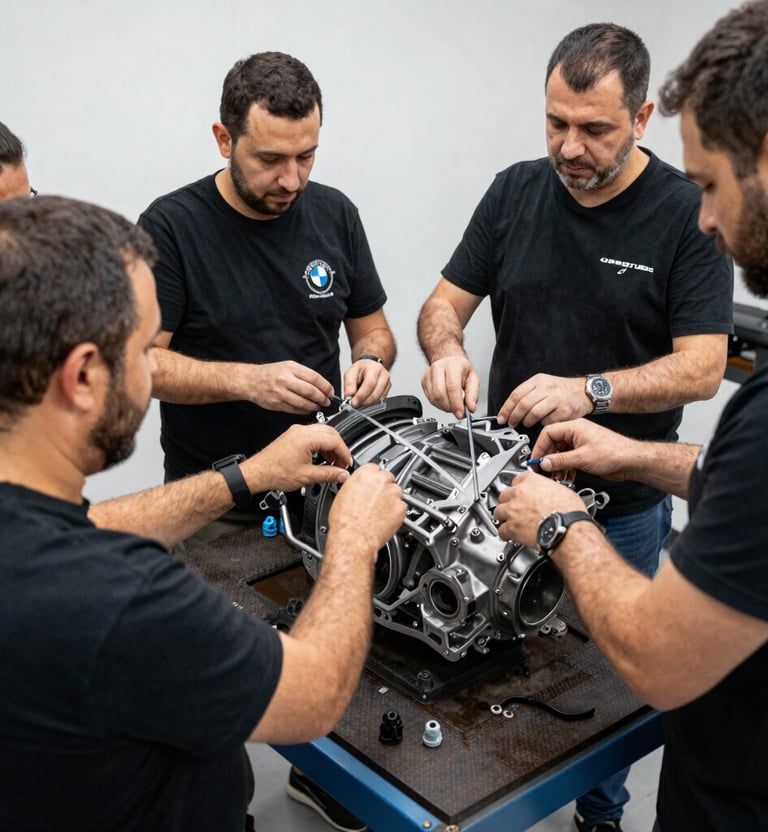 Close-up of hands repairing a car brake system in a bright workshop.
