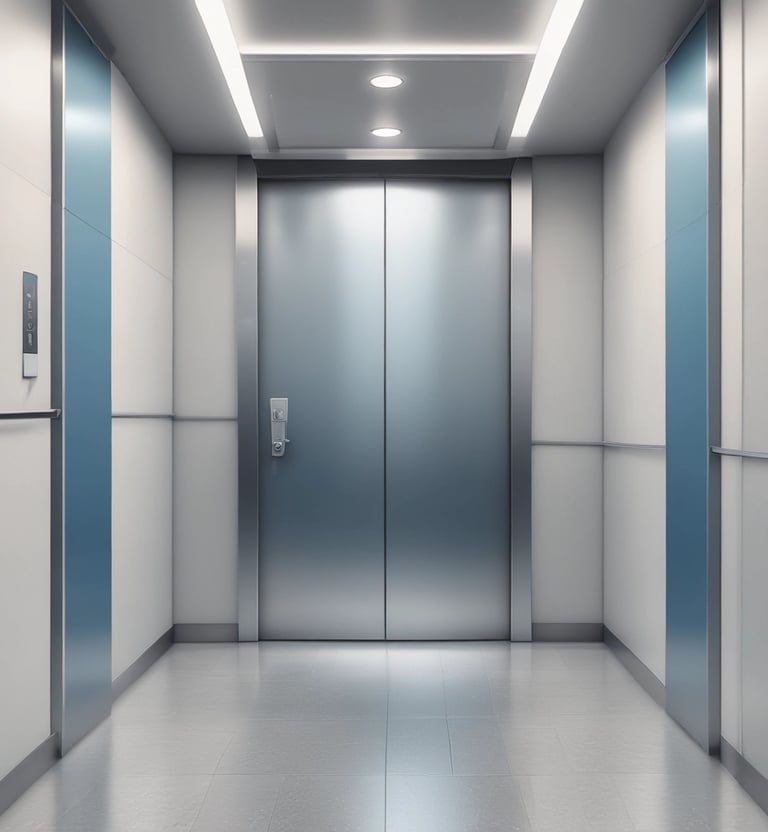 Technicians carefully installing an elevator cabin inside a luxury hotel lobby with polished marble floors.