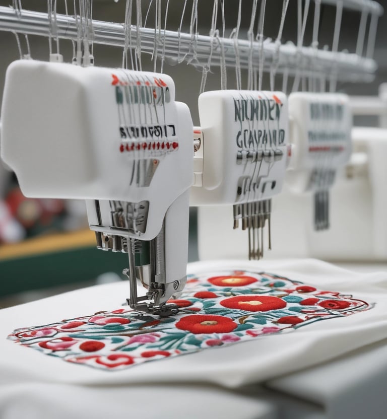 Close-up of embroidered custom caps stacked neatly, highlighting detailed stitching and color options
