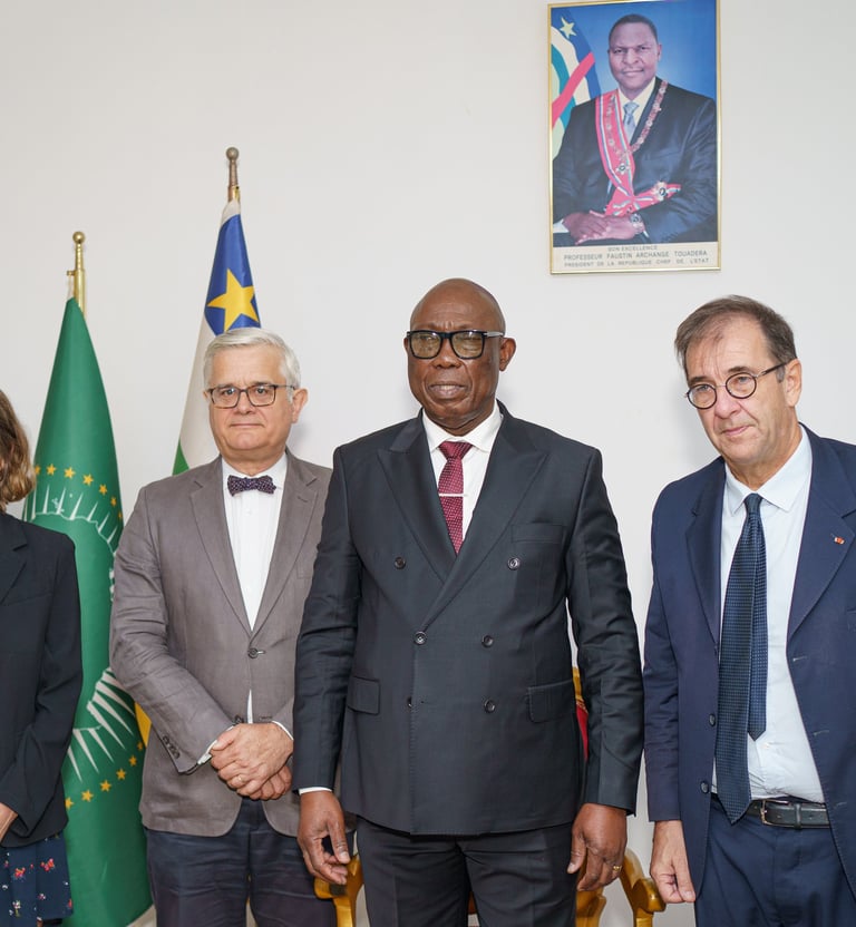 Diplomatic meeting featuring four officials in suits standing before the Central African Republic flag.