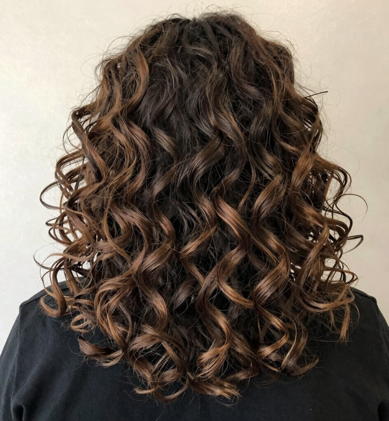 A stylist gently shaping voluminous curls with warm brown tones in an editorial-style shot