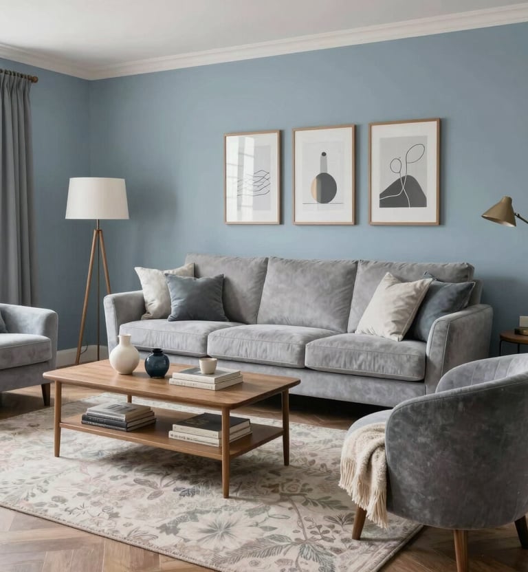 A minimalist living space featuring a sleek gray sectional, vibrant green plants, and a textured rug.
