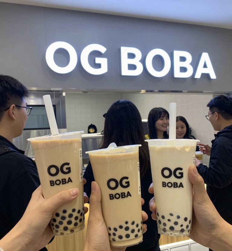 A colorful lineup of boba drinks showcasing fresh fruit toppings and vibrant layers under soft café lighting.