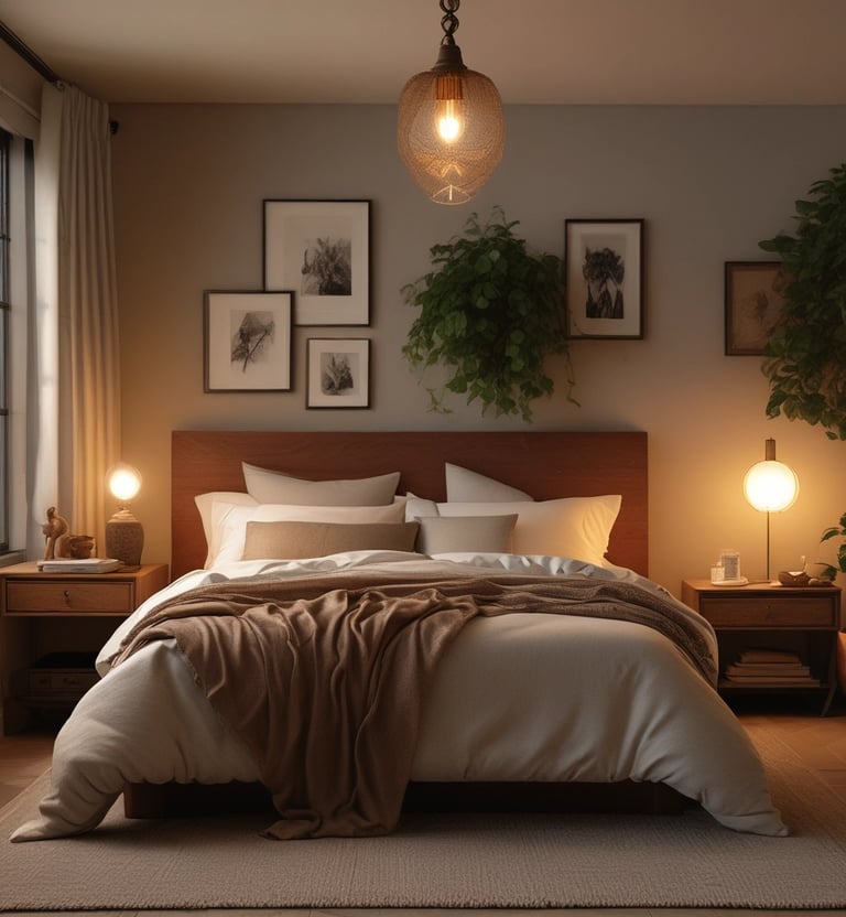 Close-up of a light wood coffee table adorned with a soft sage green vase and caramel-toned ceramics